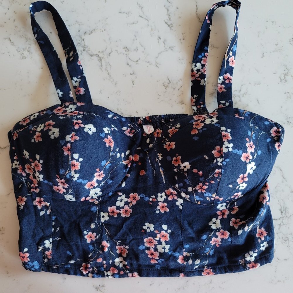 Xhilaration Navy Blue Floral Crop Top with Pink & White Blossoms